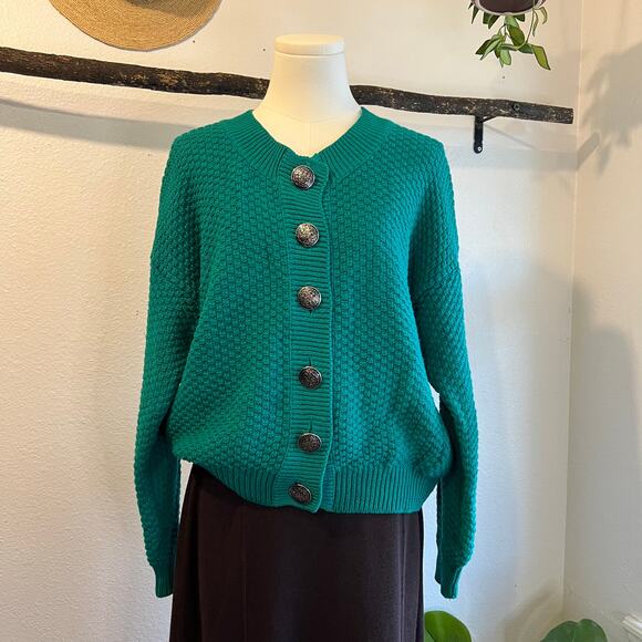 Vintage 90s Express Green Chunky Knit Button Front Cardigan Sweater Size Small - Picture 11 of 11